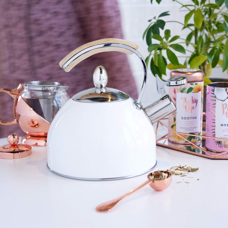 Pinky Up Presley Tea Kettle, Stovetop Stainless Steel Kettle, Whistling, Tea Accessory Gifts, Fast Boil Water Kettle, Wooden Handle, 70 Oz, White - Image 2